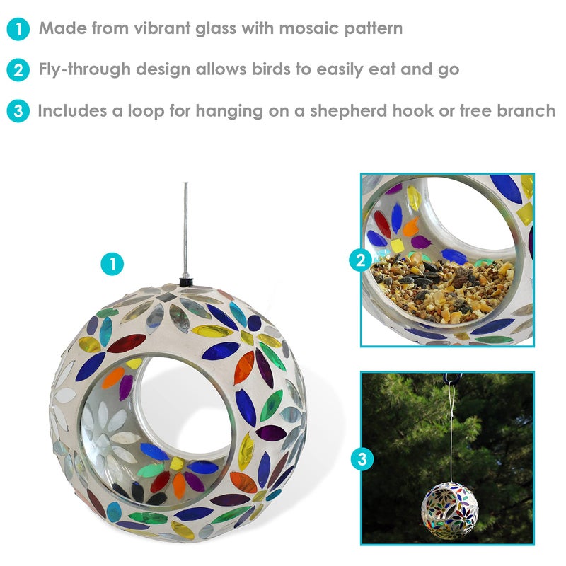 Sunnydaze 6-Inch Glass Mosaic Hanging Bird Feeder for Outdoors - Fly-Through Wild Bird Feeder - Rainbow Daisies - Image 3